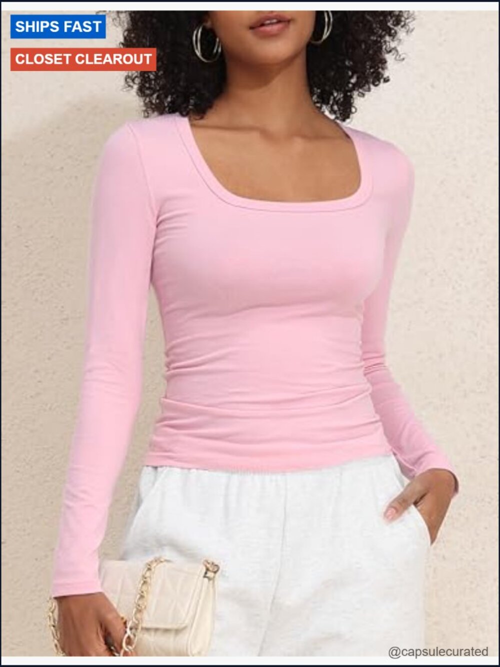 Cotton Square Neck Long Sleeve Slim Fit Tee - Picture 3 of 7